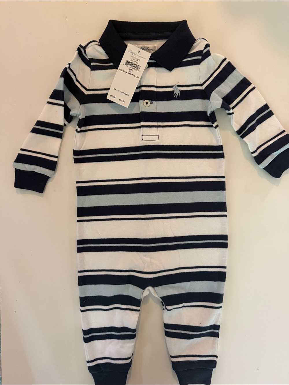 Ralph Lauren Navy, White & Light Blue Striped Polo Footie